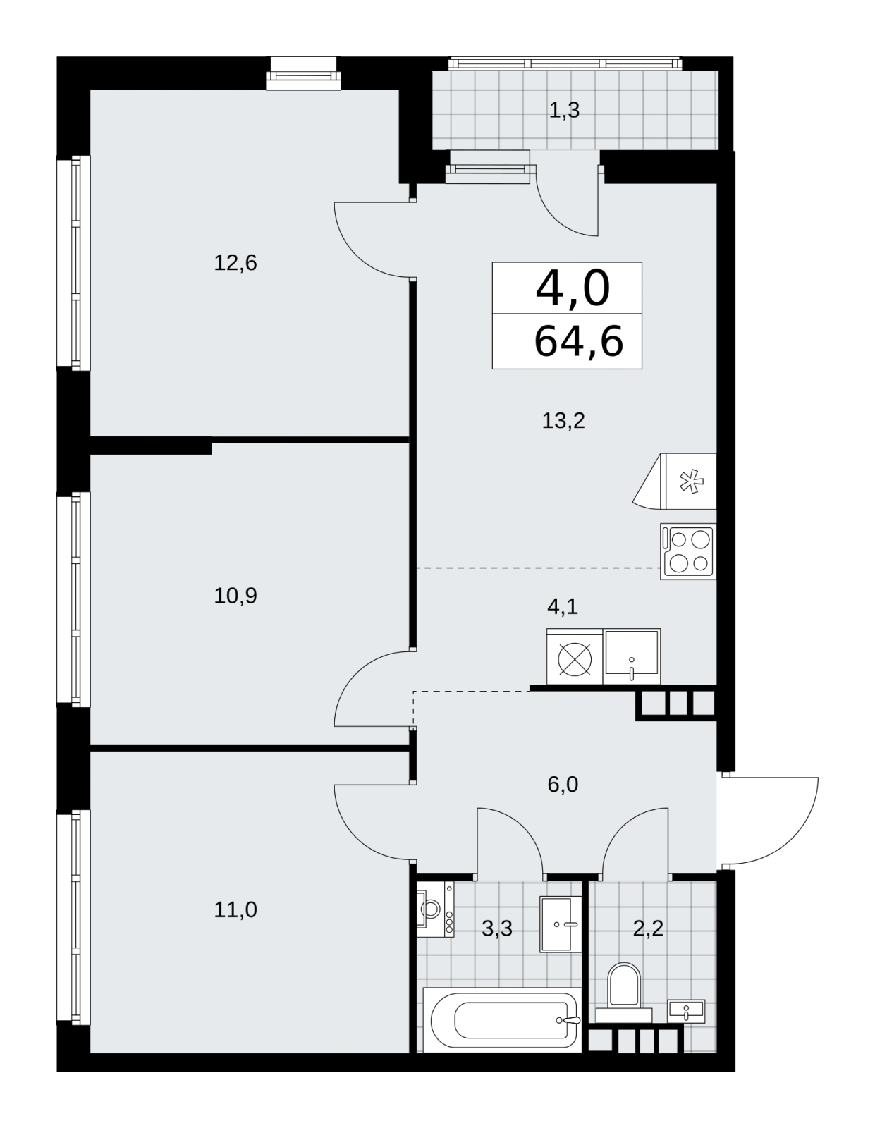 4-комнатная квартира в ЖК Дзен-кварталы на 8 этаже в 5 секции. Сдача в 1 кв. 2026 г.