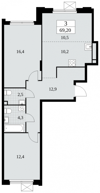 2-комнатная квартира в ЖК Скандинавия на 7 этаже в 3 секции. Сдача в 4 кв. 2024 г.