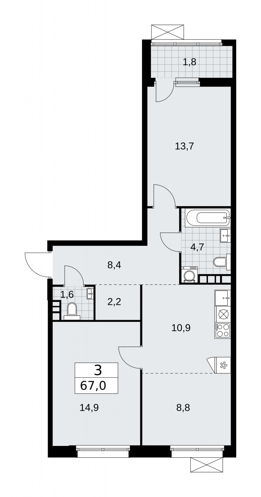 3-комнатная квартира в ЖК URAL на 19 этаже в 1 секции. Сдача в 4 кв. 2024 г.