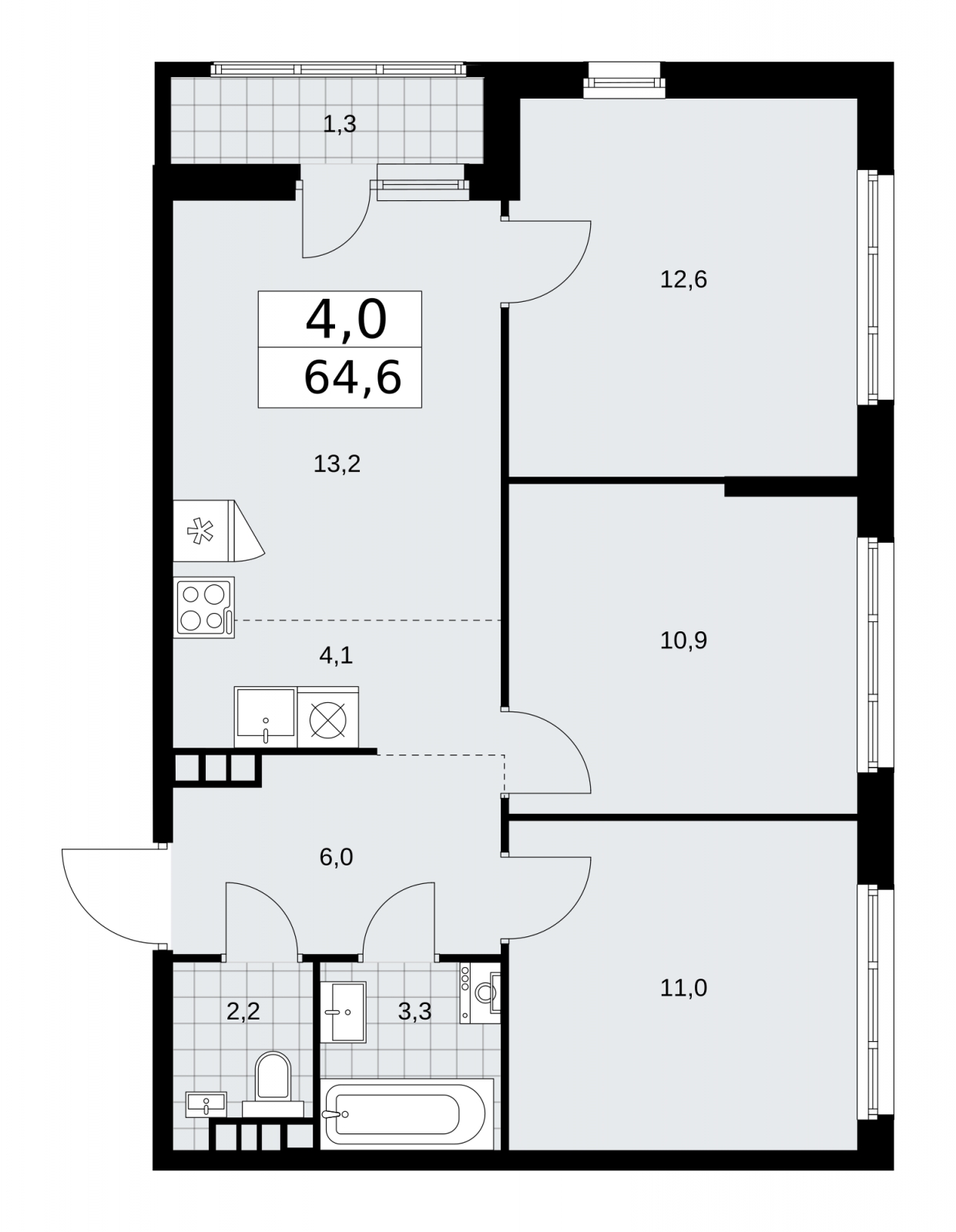 1-комнатная квартира с отделкой в Квартал На Некрасова на 11 этаже в 4 секции. Дом сдан.
