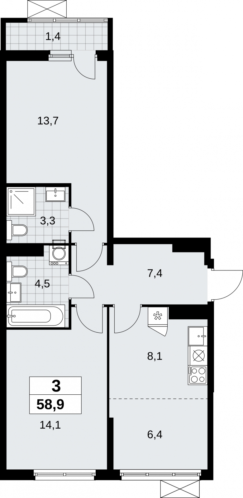 3-комнатная квартира в ЖК Дзен-кварталы на 6 этаже в 1 секции. Сдача в 2 кв. 2026 г.