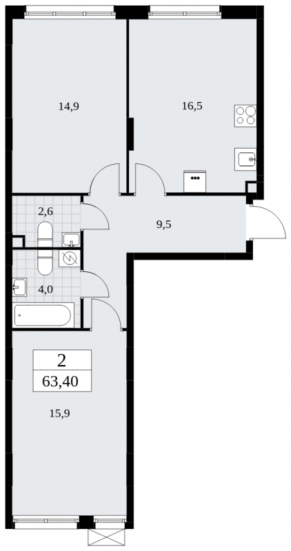 2-комнатная квартира в ЖК Красноказарменная 15 на 2 этаже в 2 секции. Сдача в 4 кв. 2022 г.