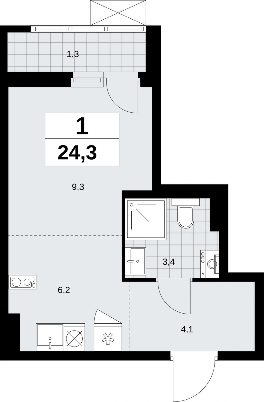 1-комнатная квартира (Студия) в ЖК Дзен-кварталы на 11 этаже в 4 секции. Сдача в 1 кв. 2026 г.