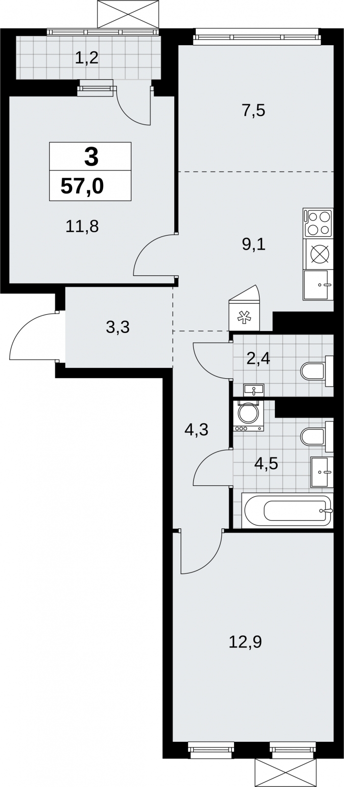 3-комнатная квартира в ЖК Дзен-кварталы на 3 этаже в 5 секции. Сдача в 1 кв. 2026 г.
