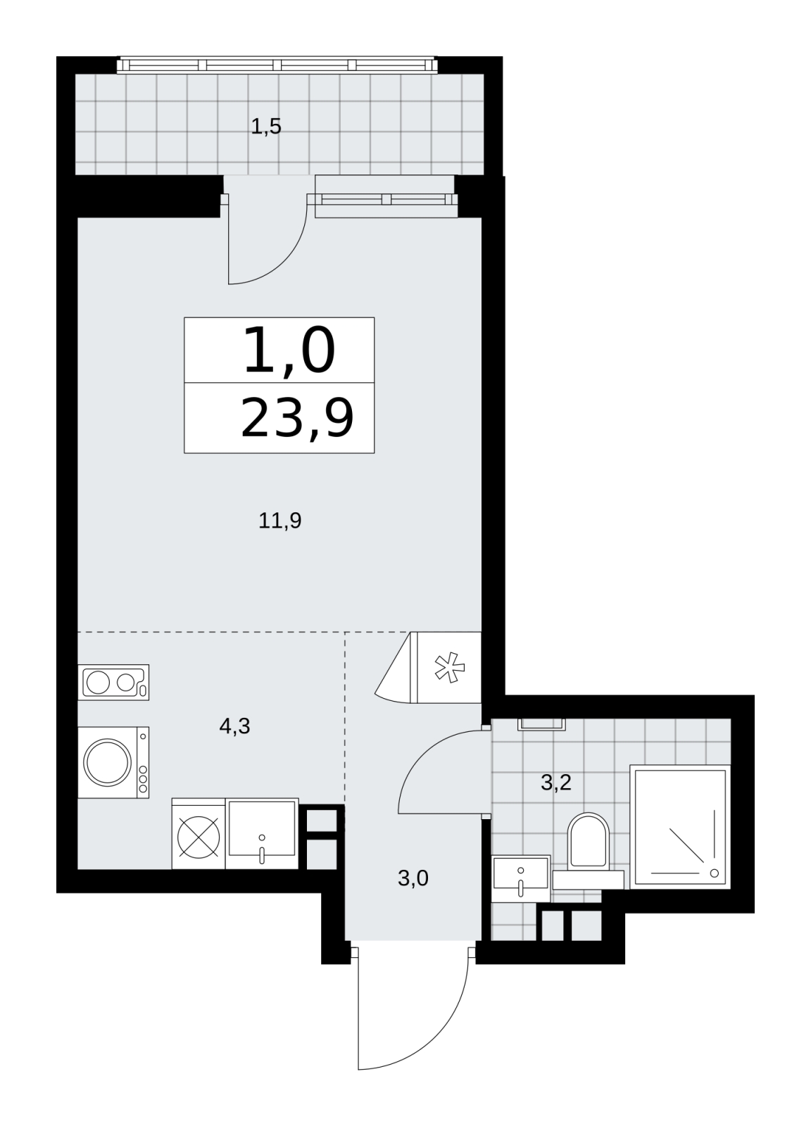 1-комнатная квартира в ЖК Дзен-кварталы на 3 этаже в 4 секции. Сдача в 2 кв. 2026 г.
