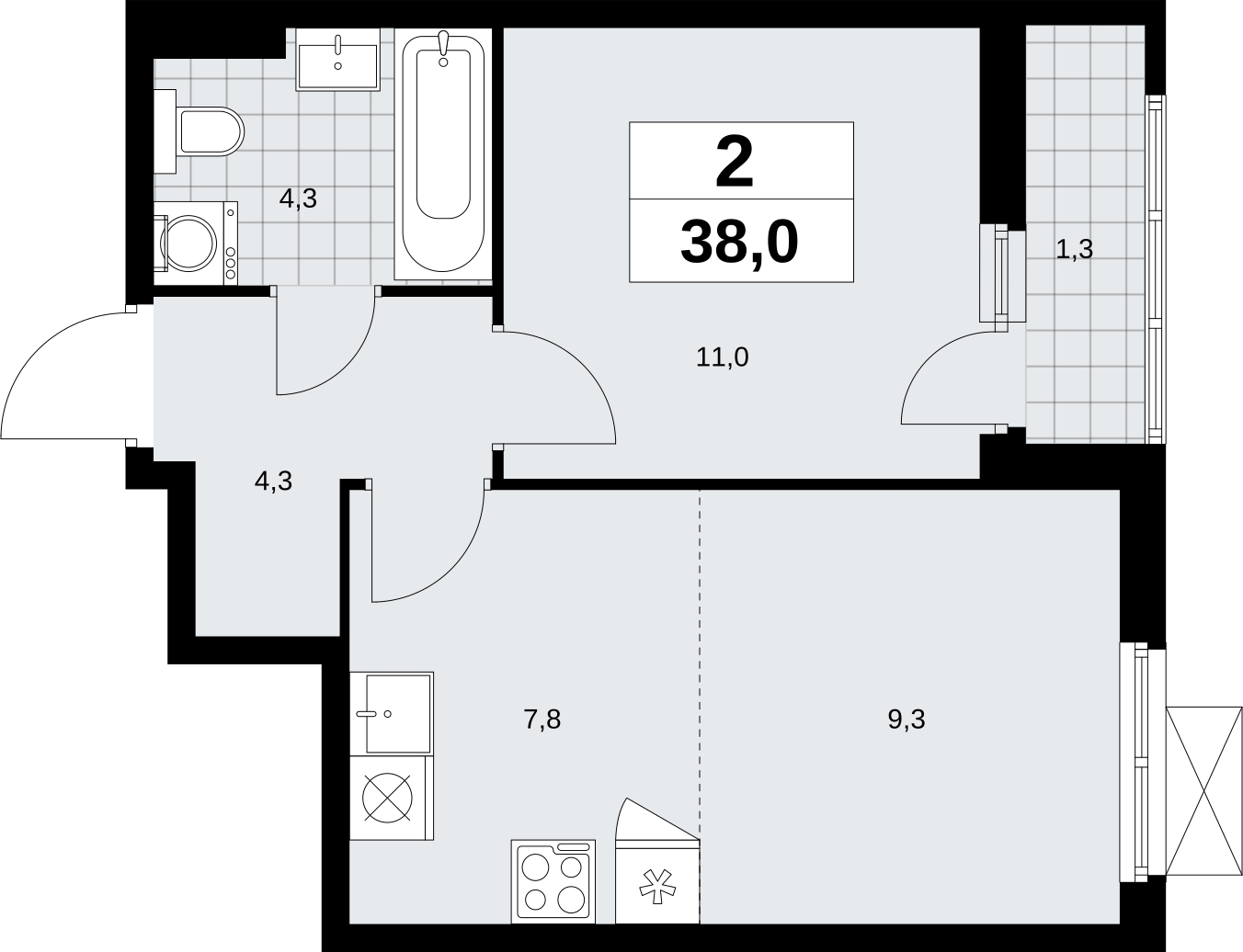 2-комнатная квартира в ЖК URAL на 13 этаже в 1 секции. Сдача в 4 кв. 2024 г.