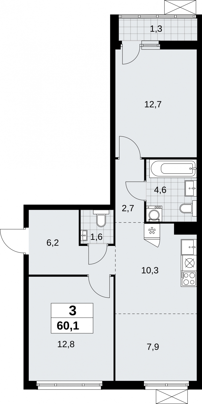 3-комнатная квартира с отделкой в ЖК Дзен-кварталы на 12 этаже в 1 секции. Сдача в 2 кв. 2026 г.
