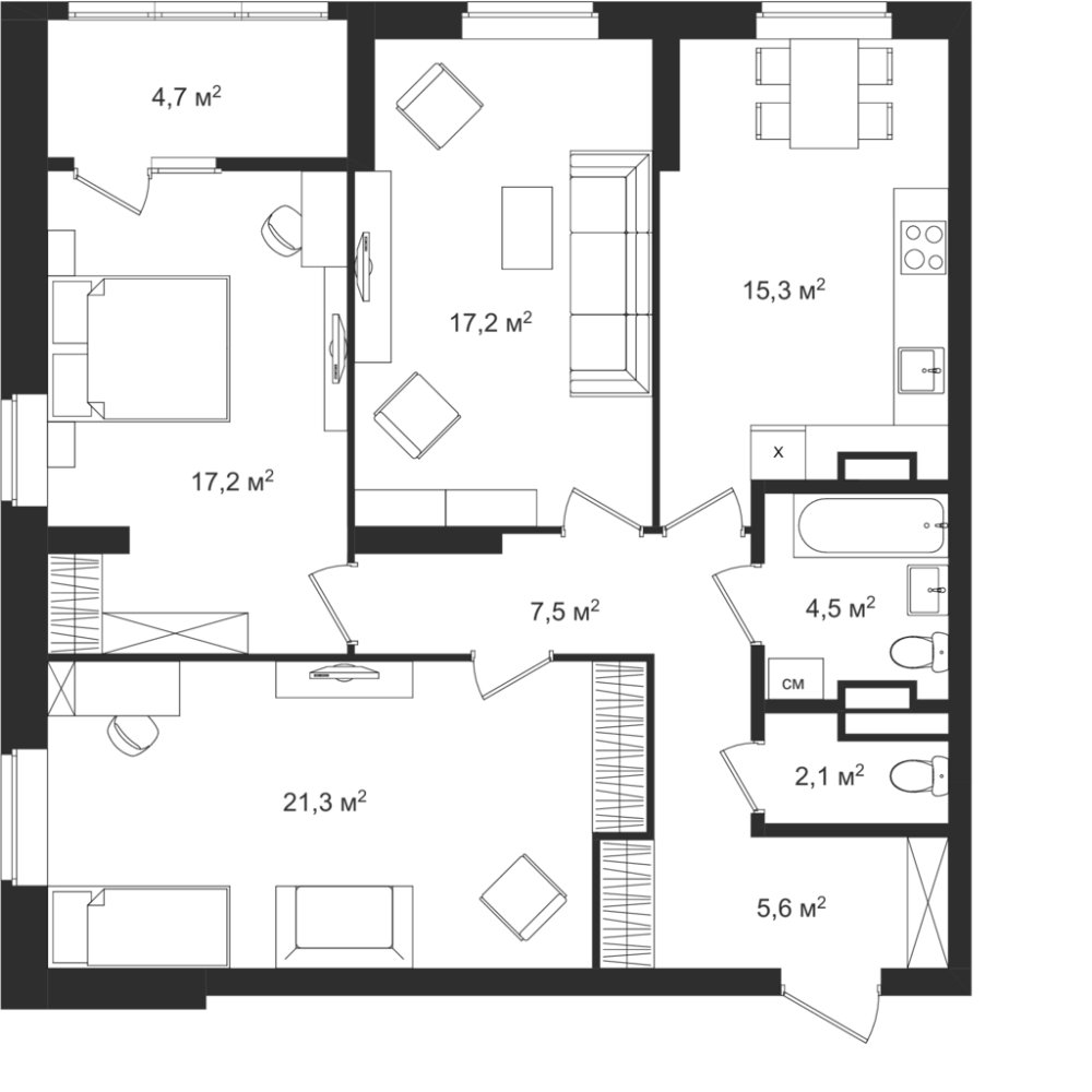 3-комнатная квартира с отделкой в ЖК Дзен-кварталы на 3 этаже в 2 секции. Сдача в 2 кв. 2026 г.