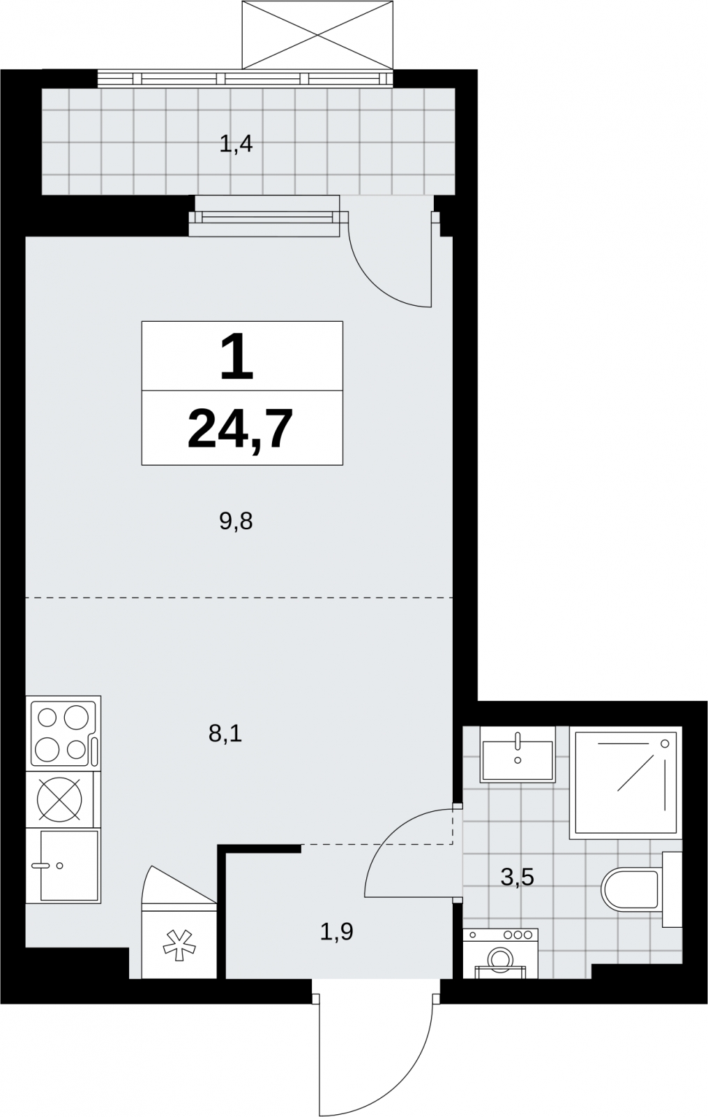 1-комнатная квартира (Студия) в ЖК Дзен-кварталы на 16 этаже в 1 секции. Сдача в 1 кв. 2026 г.
