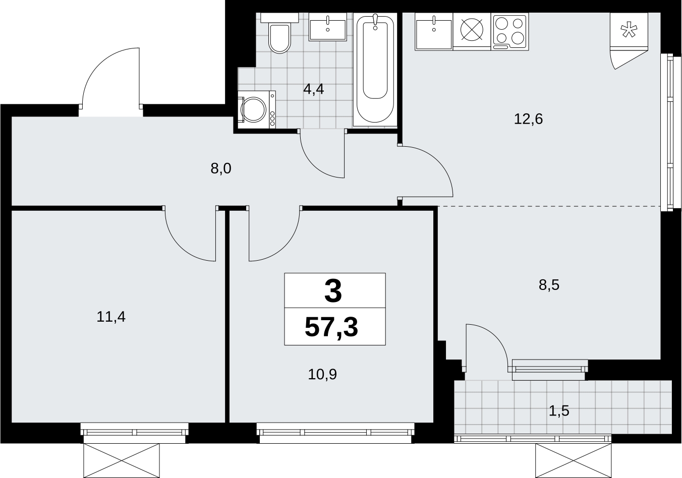 3-комнатная квартира с отделкой в ЖК Октябрьский на Туре на 9 этаже в 3 секции. Сдача в 2 кв. 2025 г.