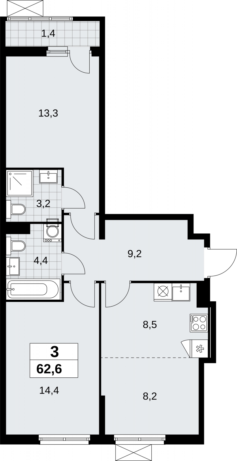 3-комнатная квартира с отделкой в ЖК Дзен-кварталы на 3 этаже в 4 секции. Сдача в 2 кв. 2026 г.