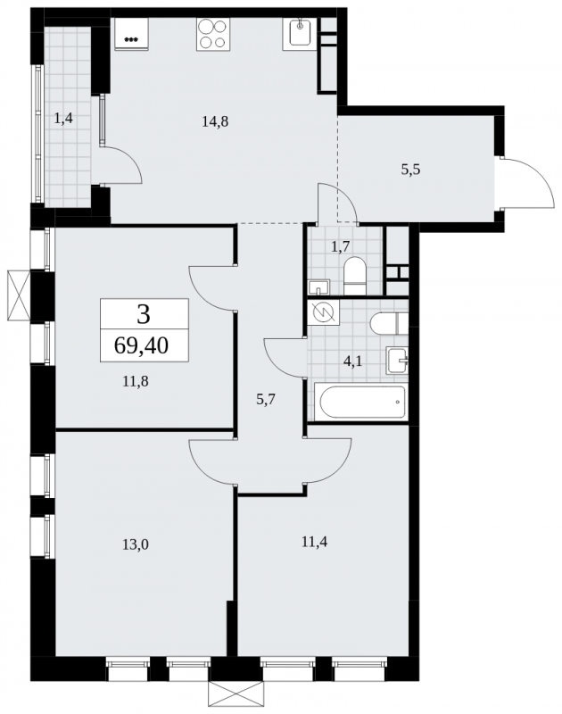 2-комнатная квартира в ЖК HomeCity на 4 этаже в 3 секции. Сдача в 1 кв. 2022 г.