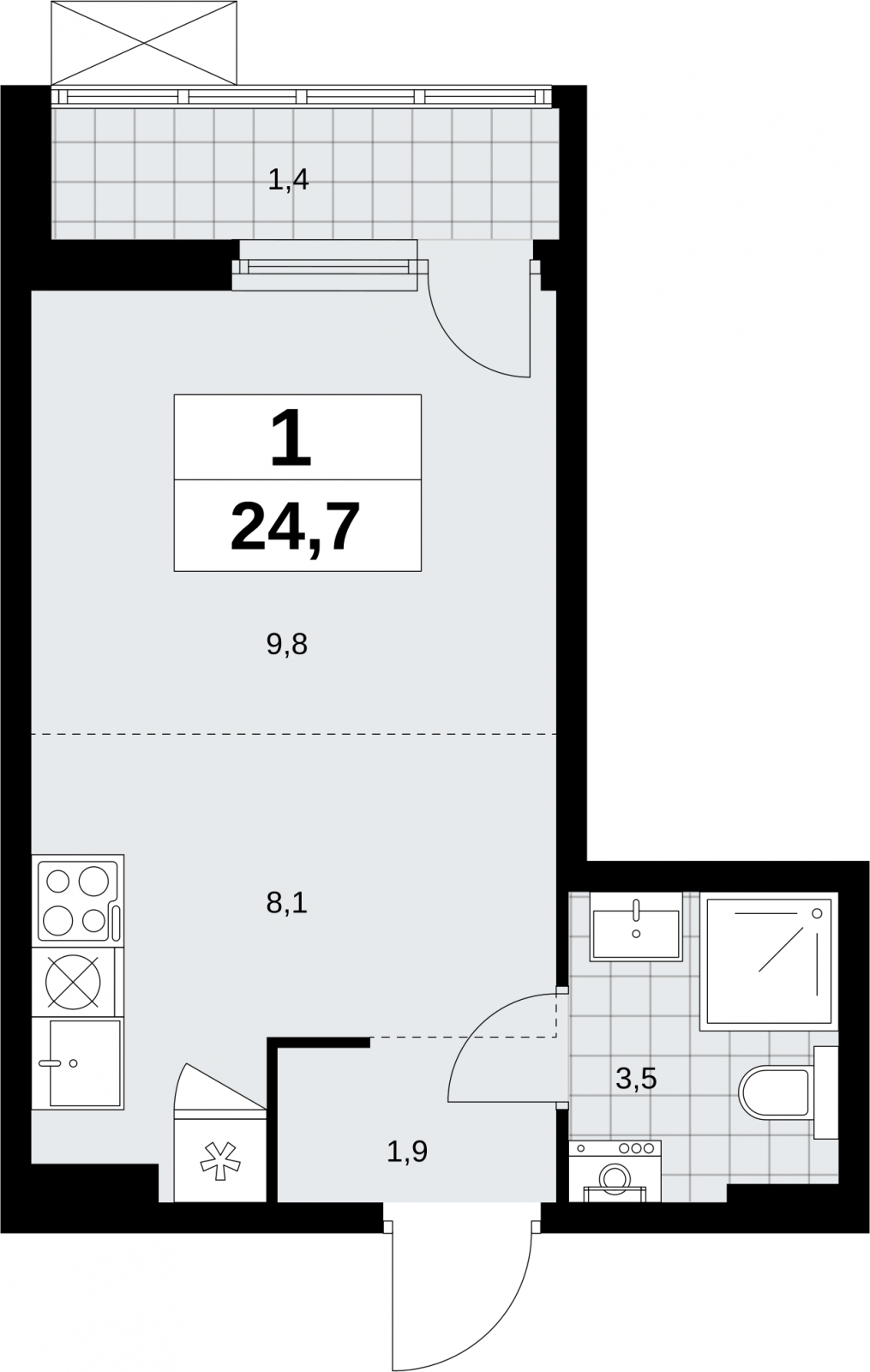1-комнатная квартира (Студия) в ЖК Дзен-кварталы на 23 этаже в 1 секции. Сдача в 1 кв. 2026 г.