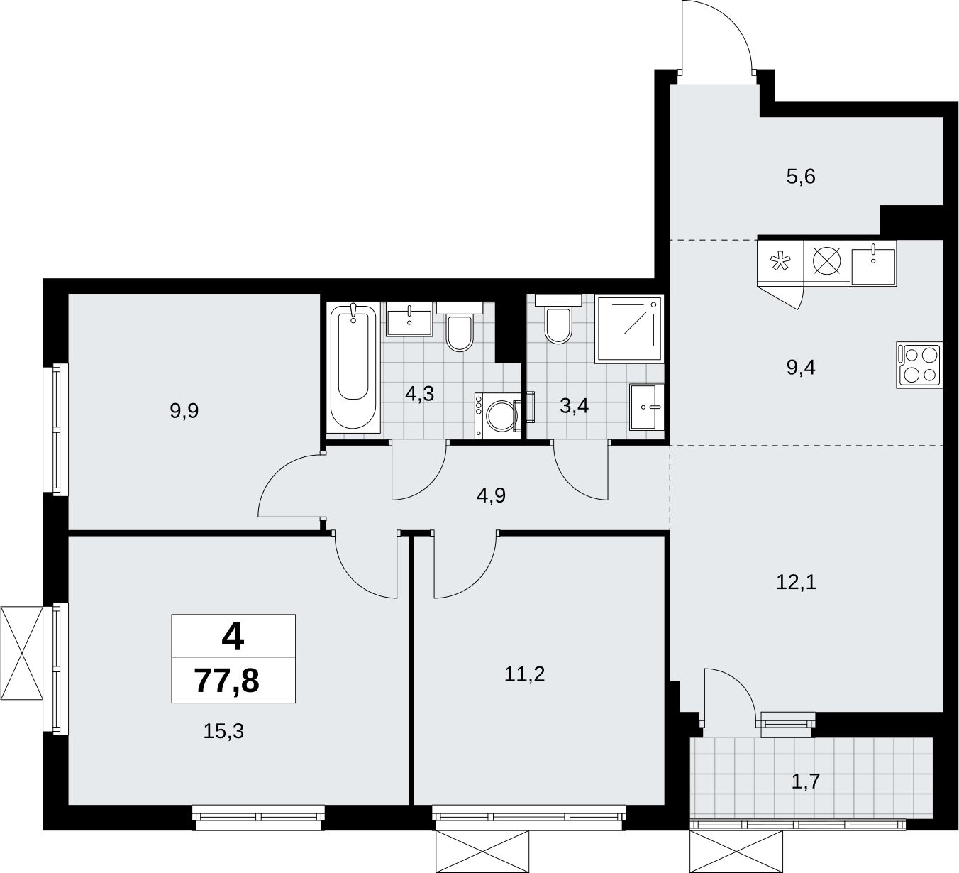 3-комнатная квартира в ЖК Дзен-кварталы на 11 этаже в 1 секции. Сдача в 1 кв. 2026 г.