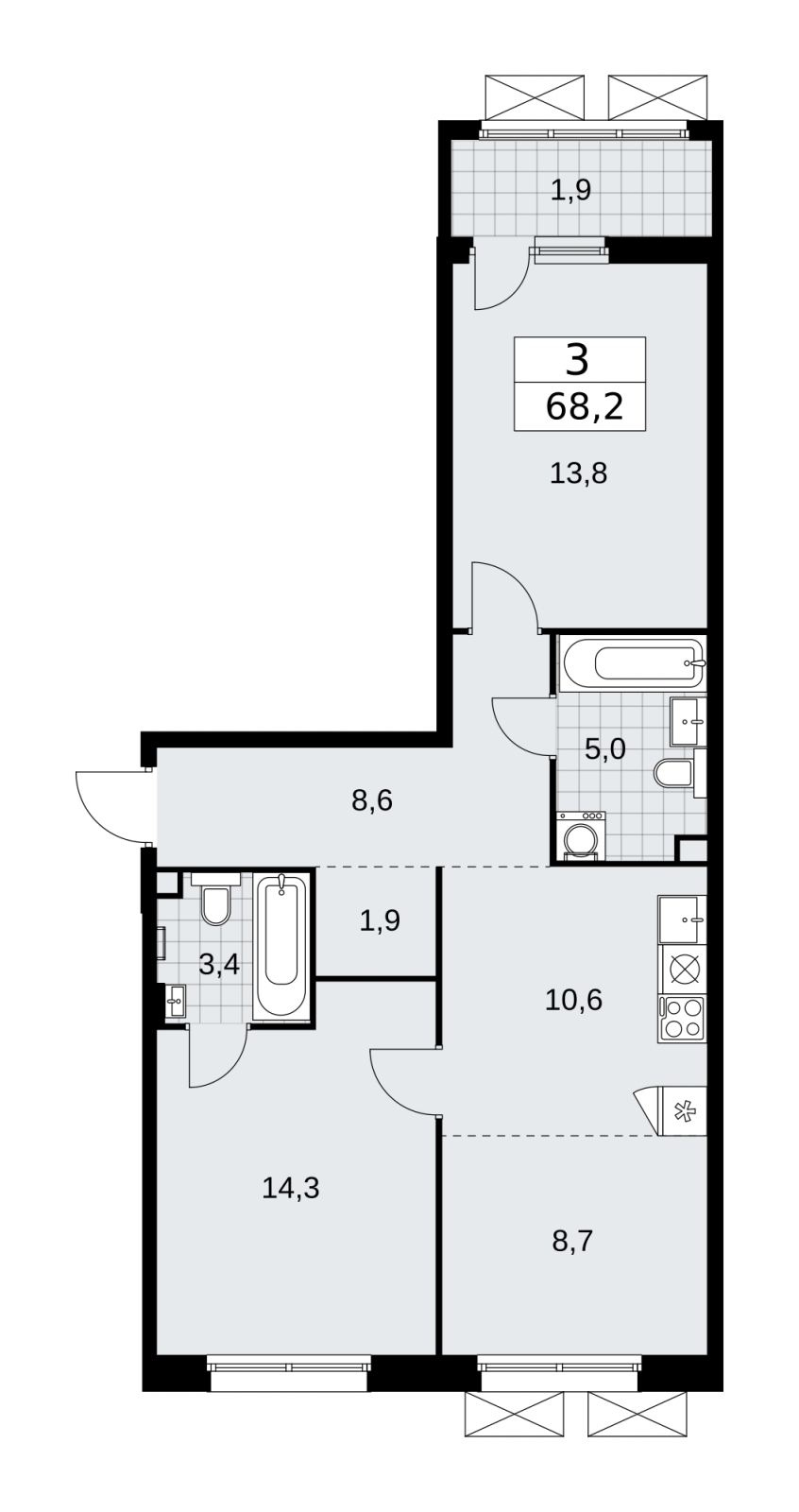 3-комнатная квартира в ЖК URAL на 10 этаже в 1 секции. Сдача в 4 кв. 2024 г.