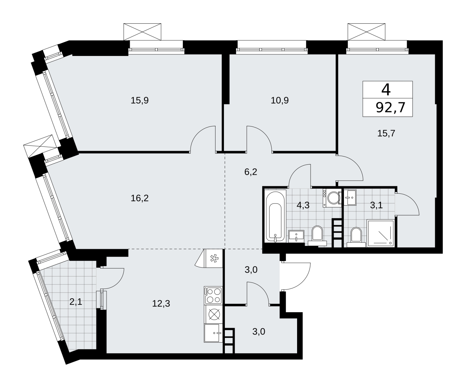 4-комнатная квартира в ЖК Дзен-кварталы на 13 этаже в 1 секции. Сдача в 2 кв. 2026 г.