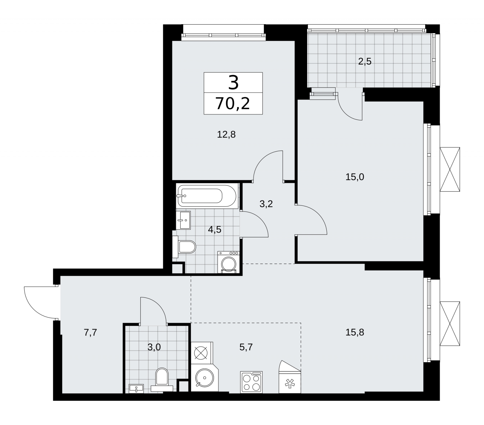 3-комнатная квартира в ЖК Дзен-кварталы на 11 этаже в 4 секции. Сдача в 1 кв. 2026 г.