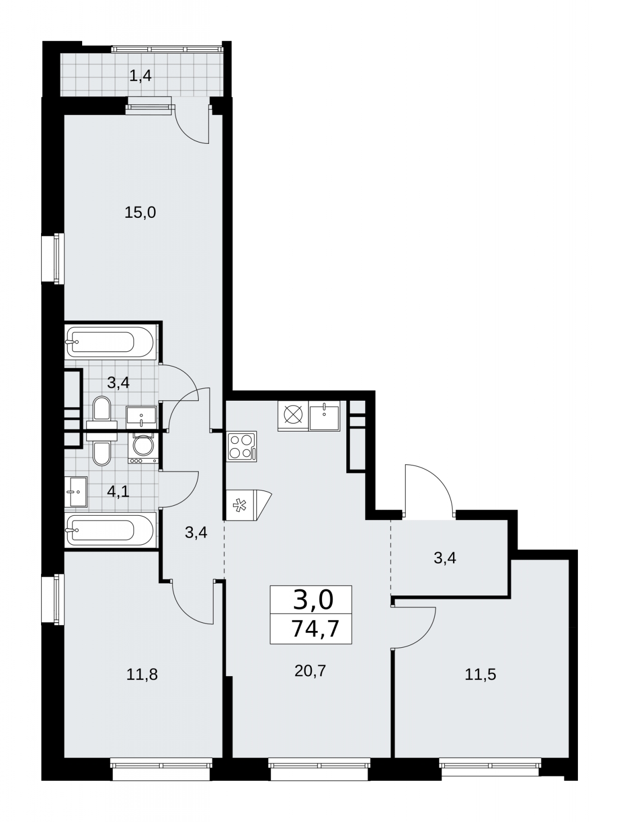 4-комнатная квартира в ЖК Дзен-кварталы на 11 этаже в 1 секции. Сдача в 1 кв. 2026 г.