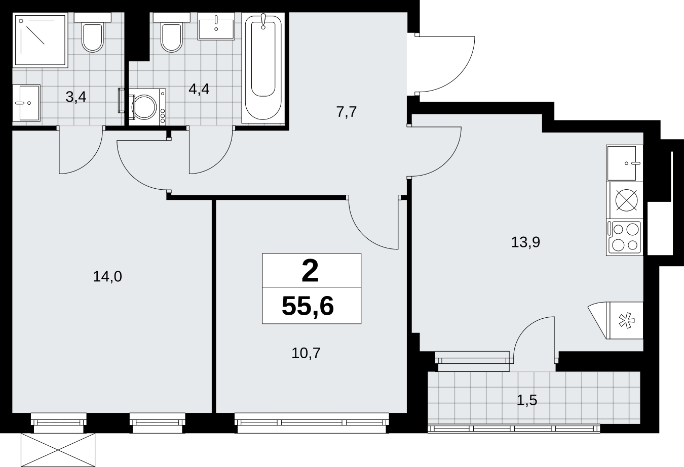 2-комнатная квартира в ЖК Дзен-кварталы на 7 этаже в 2 секции. Сдача в 1 кв. 2026 г.