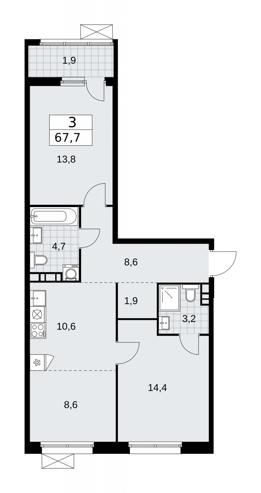 3-комнатная квартира в ЖК Дзен-кварталы на 4 этаже в 3 секции. Сдача в 1 кв. 2026 г.