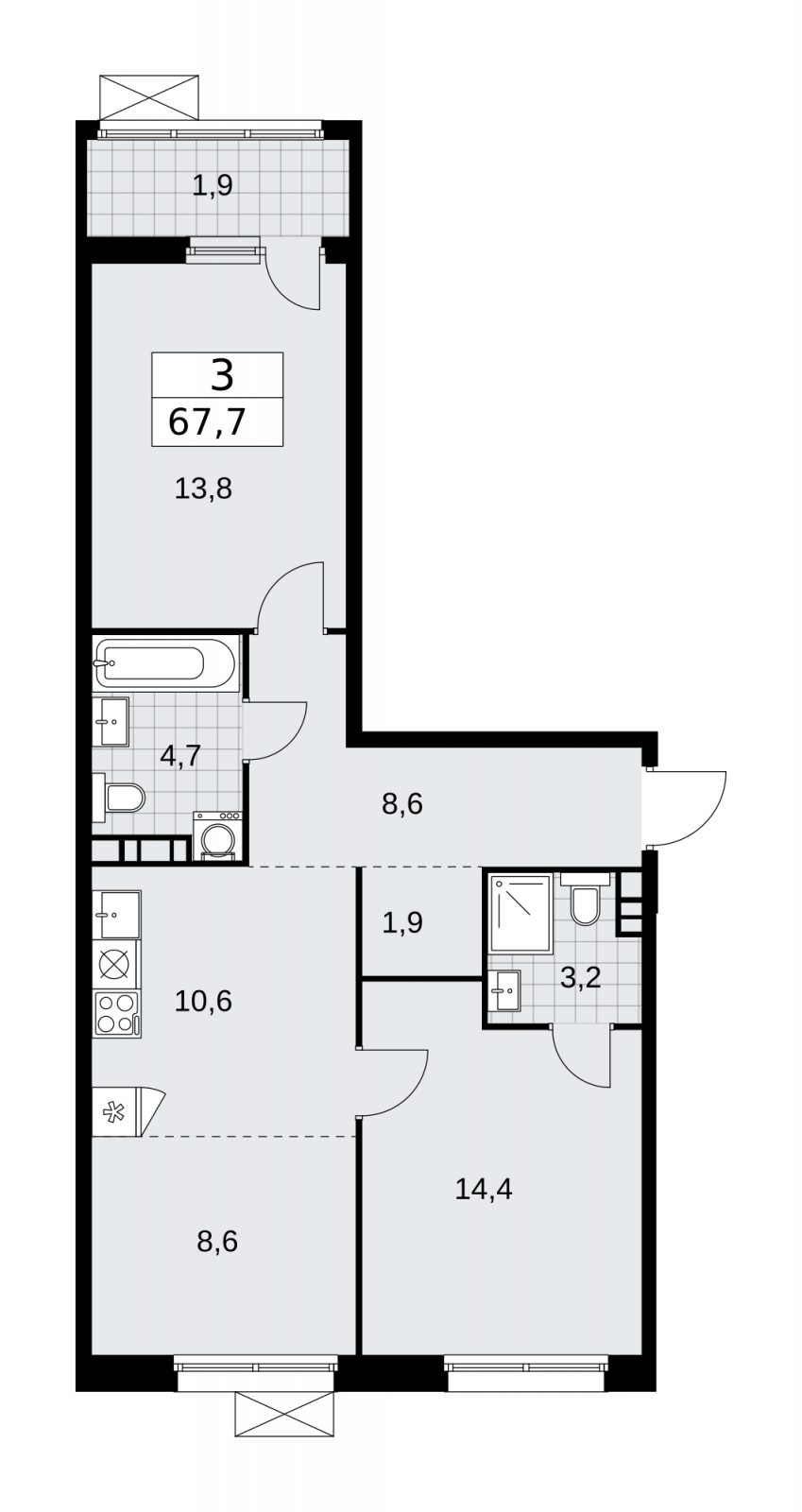 3-комнатная квартира в ЖК Дзен-кварталы на 8 этаже в 2 секции. Сдача в 1 кв. 2026 г.