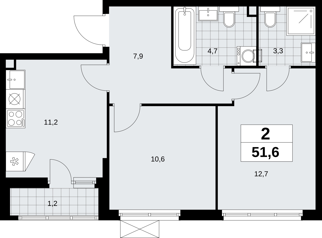 2-комнатная квартира в ЖК URAL на 11 этаже в 1 секции. Сдача в 4 кв. 2024 г.