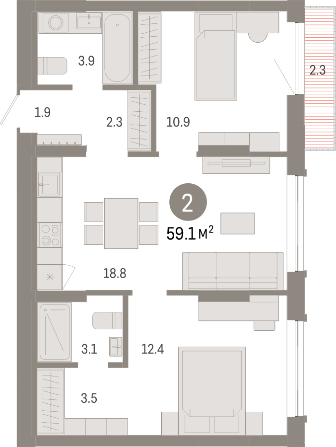 2-комнатная квартира в ЖК Дзен-кварталы на 3 этаже в 4 секции. Сдача в 1 кв. 2026 г.