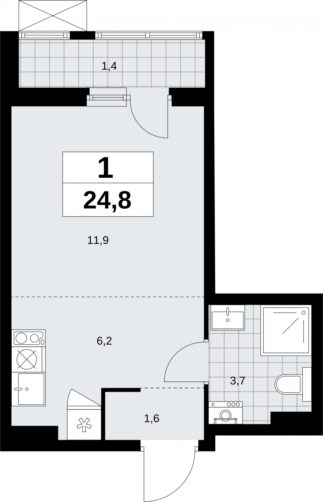1-комнатная квартира (Студия) с отделкой в ЖК Дзен-кварталы на 6 этаже в 1 секции. Сдача в 3 кв. 2026 г.