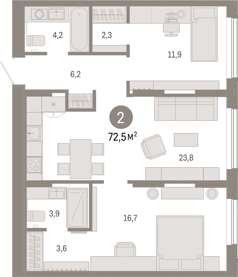 2-комнатная квартира в ЖК Дзен-кварталы на 7 этаже в 5 секции. Сдача в 2 кв. 2026 г.