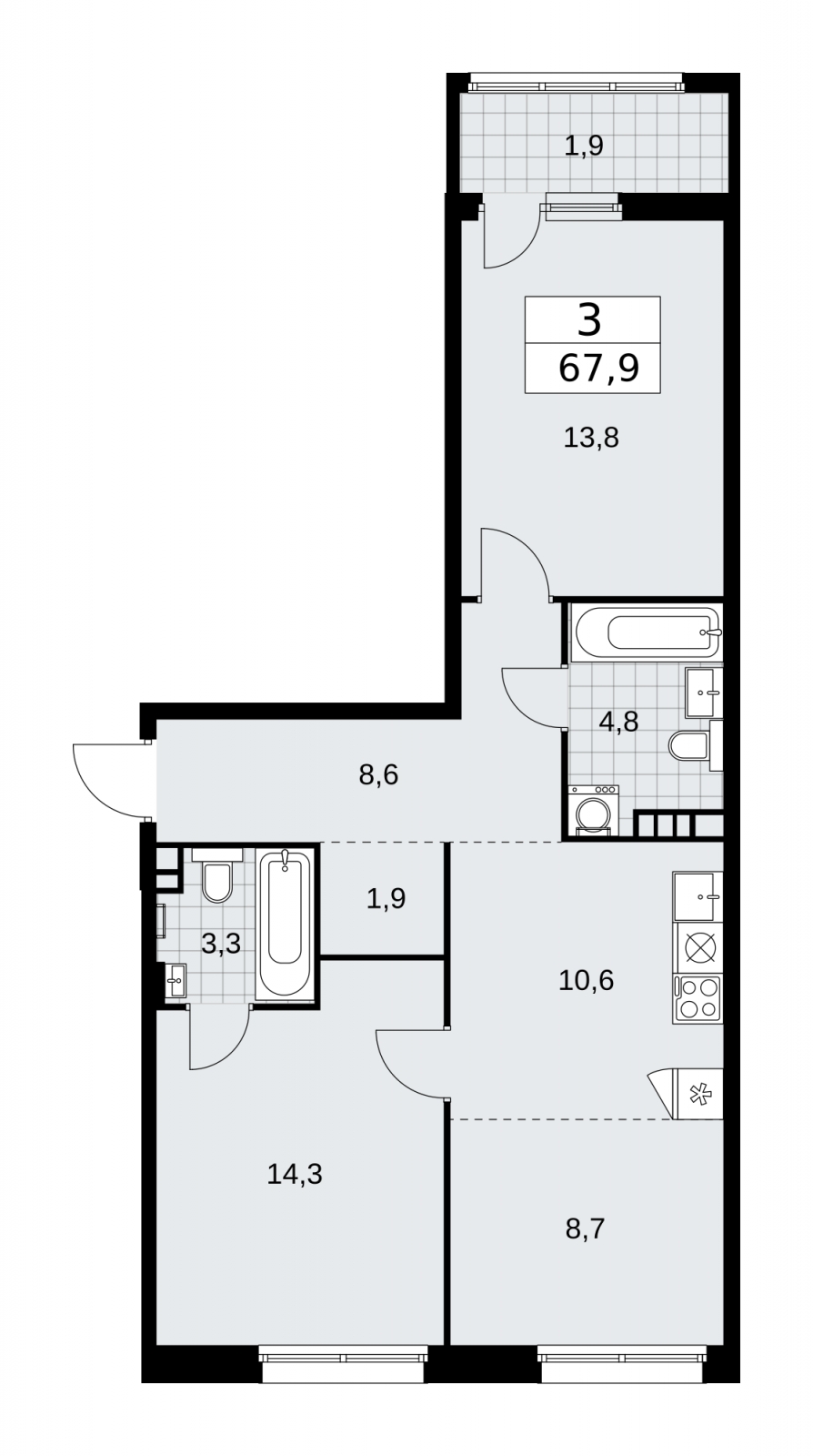 3-комнатная квартира в ЖК Дзен-кварталы на 8 этаже в 1 секции. Сдача в 2 кв. 2026 г.