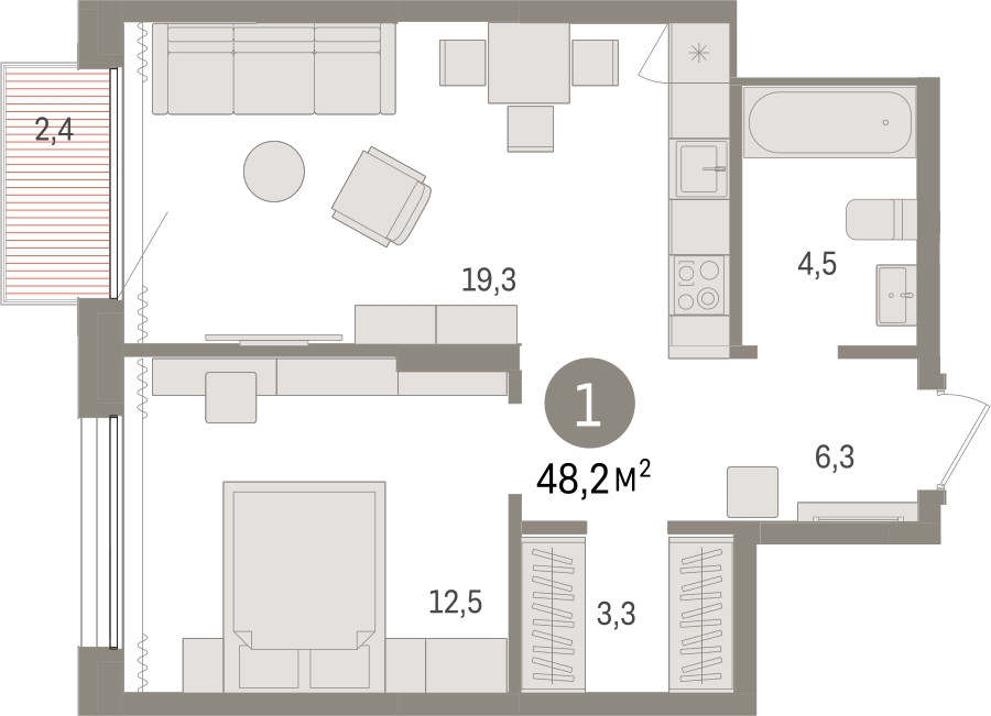 1-комнатная квартира в ЖК URAL на 17 этаже в 1 секции. Сдача в 4 кв. 2024 г.