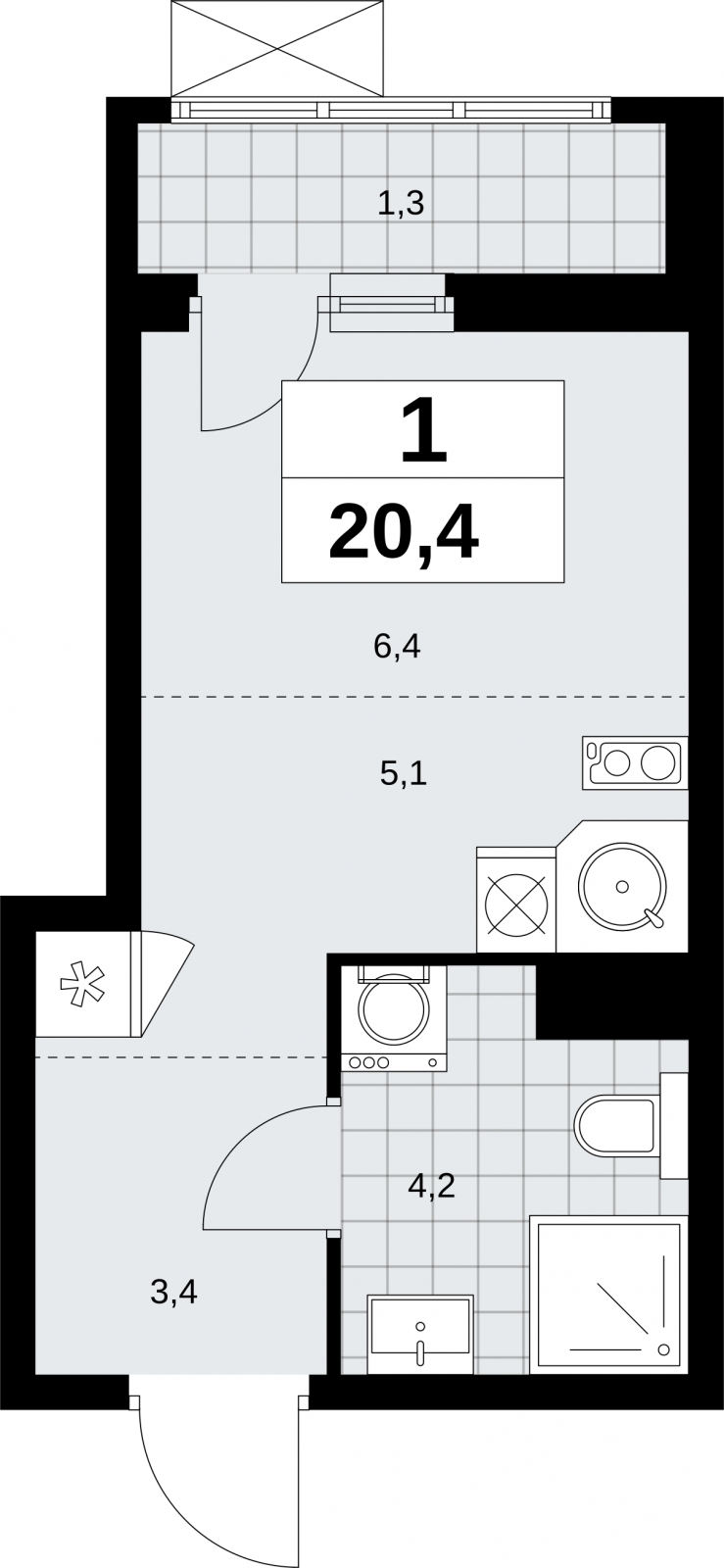 1-комнатная квартира (Студия) в ЖК Дзен-кварталы на 14 этаже в 1 секции. Сдача в 1 кв. 2025 г.