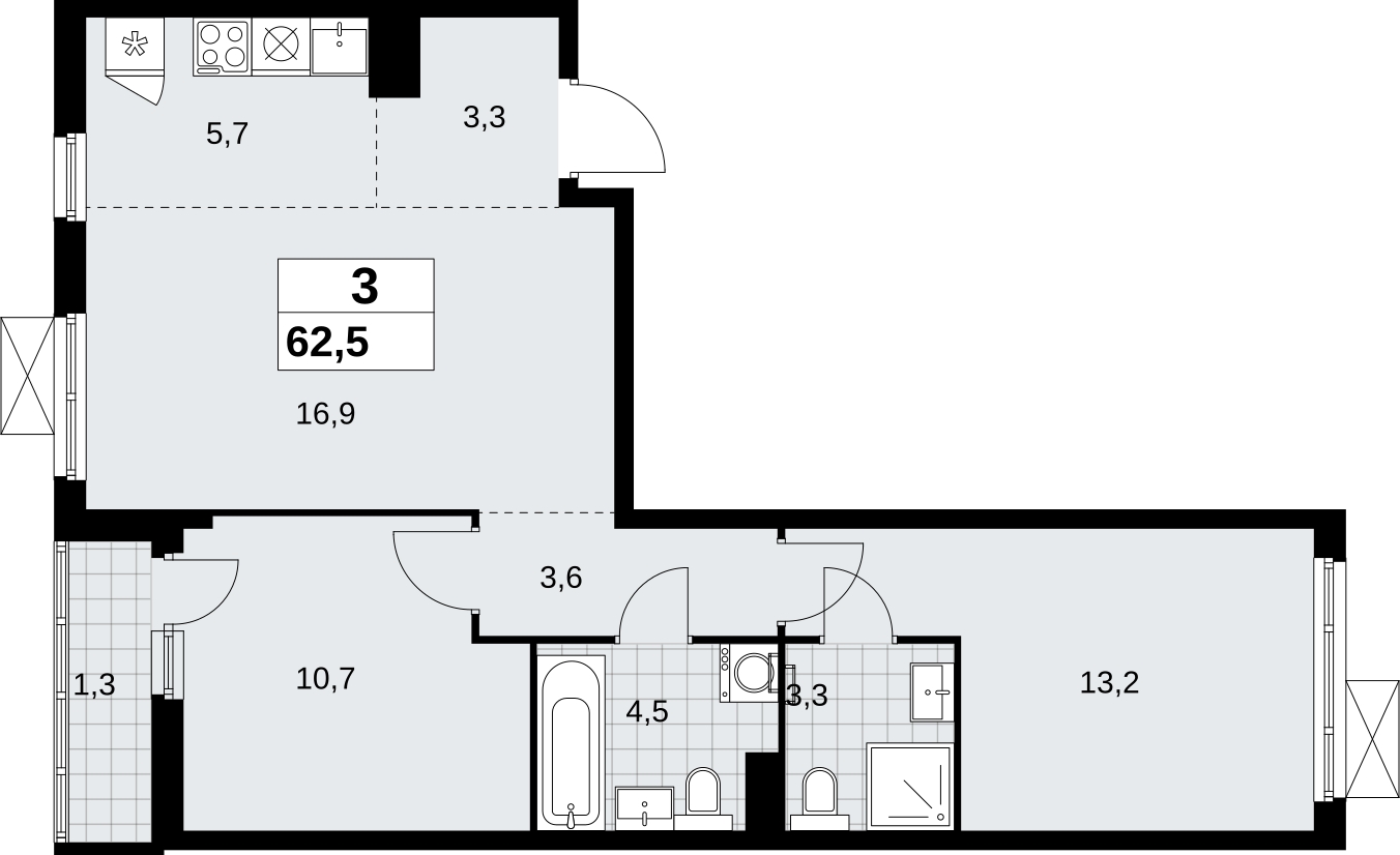 2-комнатная квартира с отделкой в ЖК Дзен-кварталы на 13 этаже в 1 секции. Сдача в 2 кв. 2026 г.