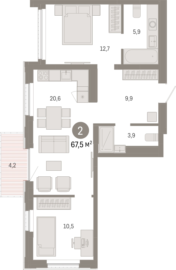 2-комнатная квартира в ЖК Дзен-кварталы на 2 этаже в 1 секции. Сдача в 2 кв. 2026 г.