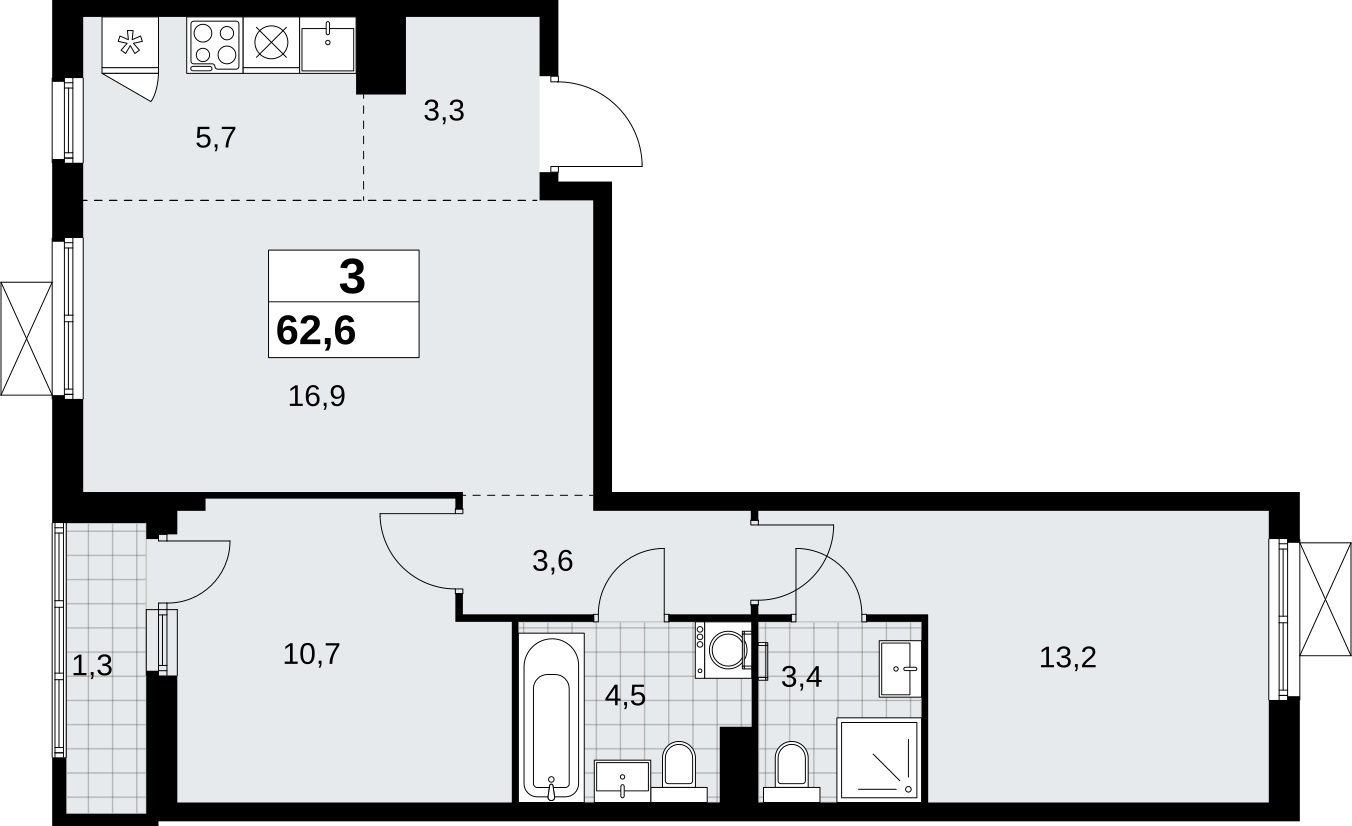 3-комнатная квартира в ЖК Дзен-кварталы на 5 этаже в 3 секции. Сдача в 2 кв. 2026 г.