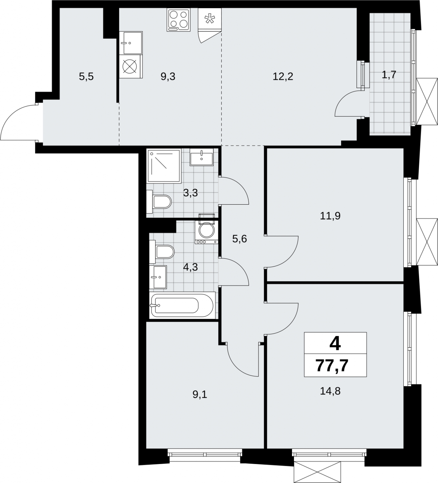 4-комнатная квартира в ЖК Дзен-кварталы на 19 этаже в 1 секции. Сдача в 1 кв. 2026 г.