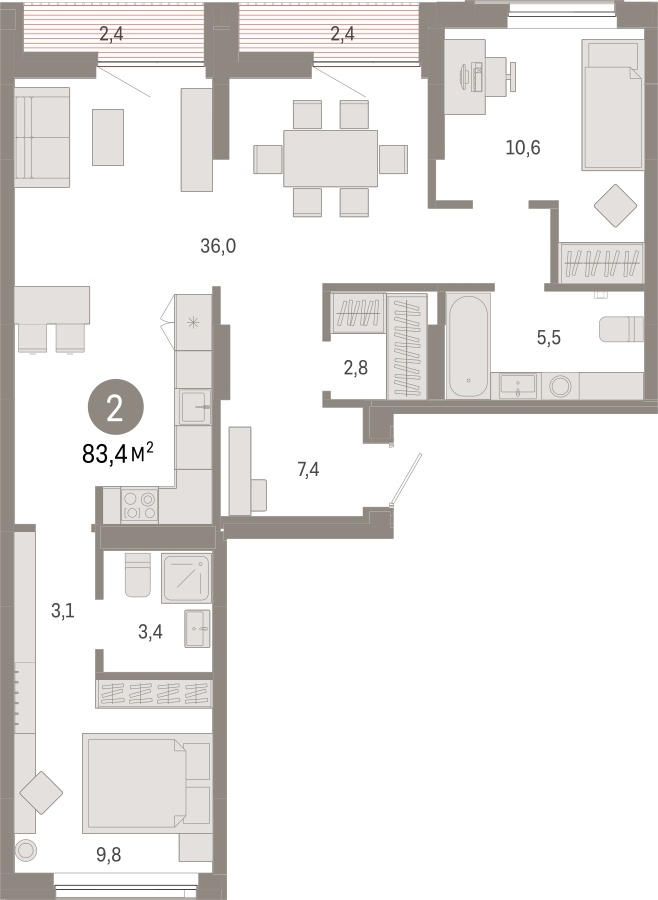 2-комнатная квартира в ЖК Дзен-кварталы на 7 этаже в 1 секции. Сдача в 2 кв. 2026 г.