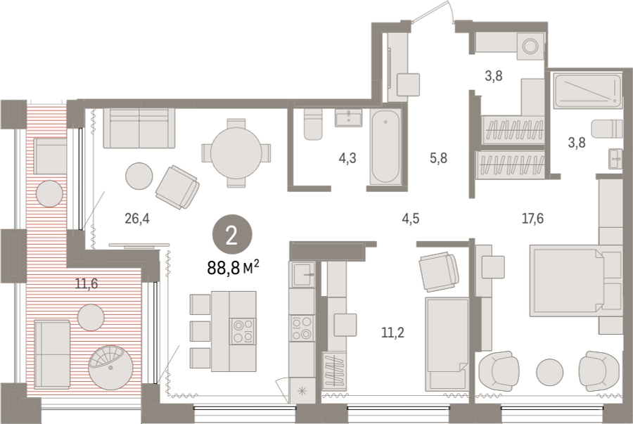 2-комнатная квартира в ЖК Дзен-кварталы на 2 этаже в 1 секции. Сдача в 1 кв. 2026 г.