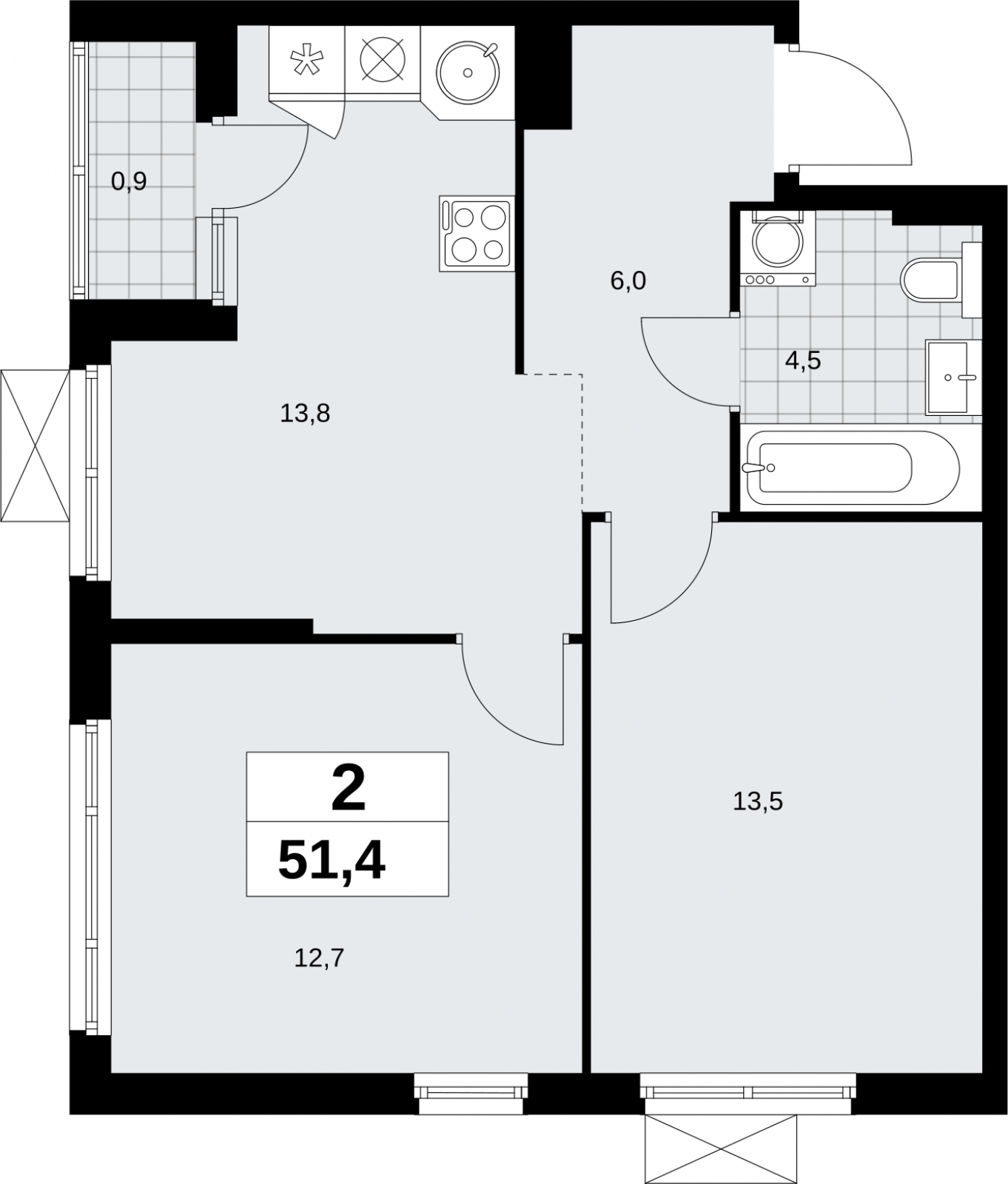 2-комнатная квартира в ЖК Дзен-кварталы на 3 этаже в 2 секции. Сдача в 1 кв. 2026 г.
