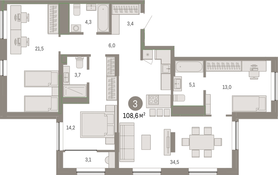 3-комнатная квартира в ЖК Дзен-кварталы на 5 этаже в 2 секции. Сдача в 1 кв. 2026 г.