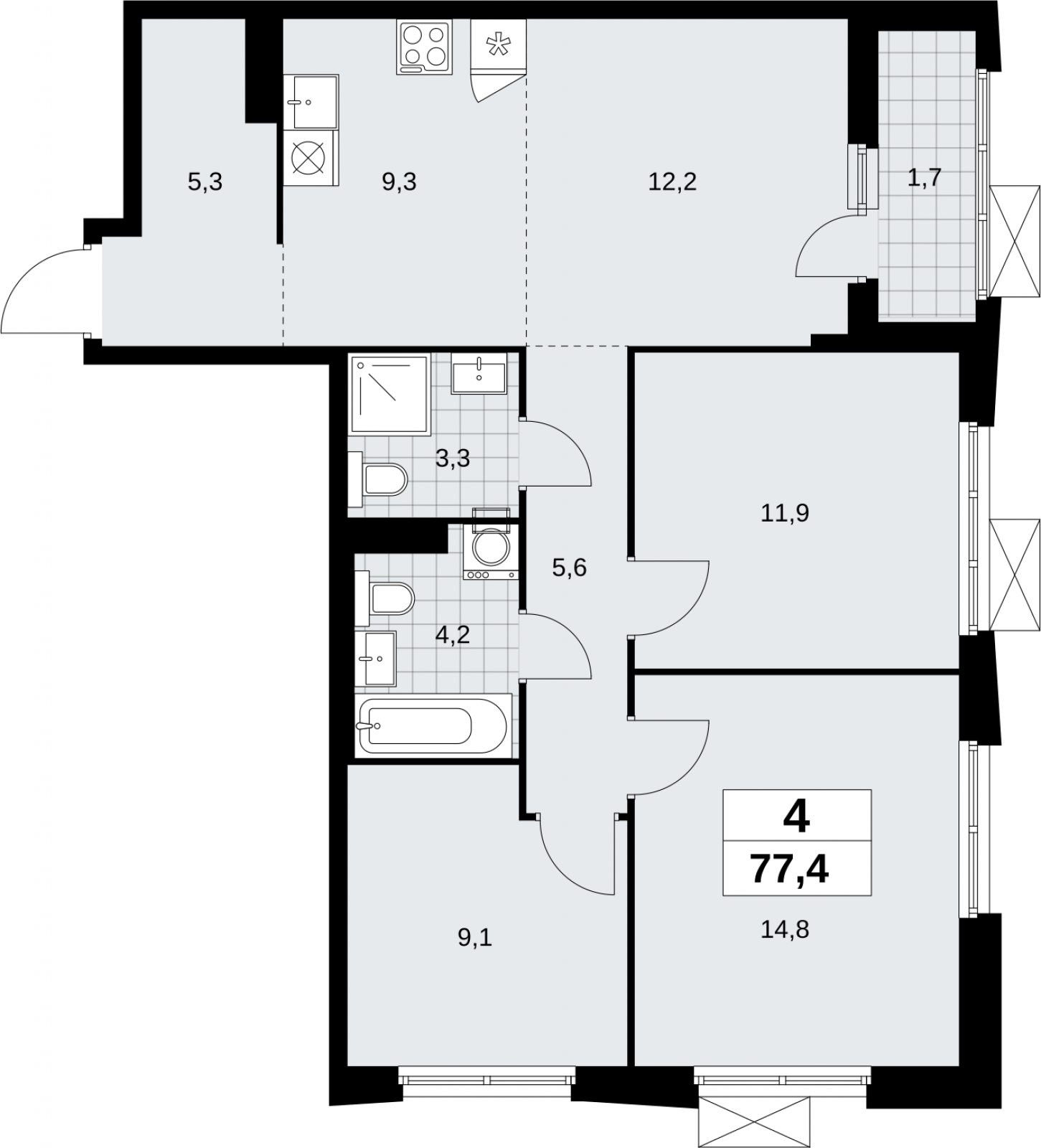 4-комнатная квартира в ЖК Дзен-кварталы на 15 этаже в 1 секции. Сдача в 2 кв. 2026 г.