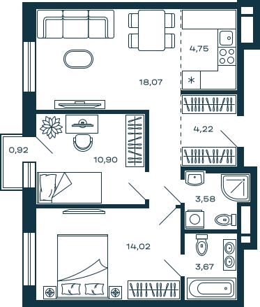 1-комнатная квартира (Студия) в ЖК Дзен-кварталы на 7 этаже в 3 секции. Сдача в 1 кв. 2026 г.