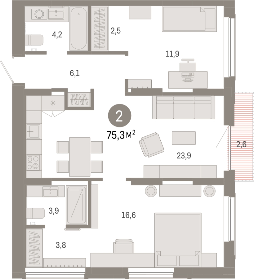 3-комнатная квартира в ЖК Дзен-кварталы на 4 этаже в 5 секции. Сдача в 1 кв. 2026 г.