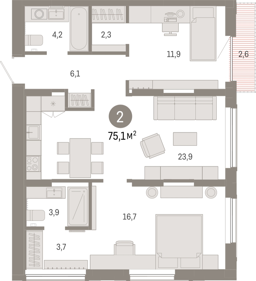 2-комнатная квартира в ЖК Дзен-кварталы на 6 этаже в 1 секции. Сдача в 2 кв. 2026 г.