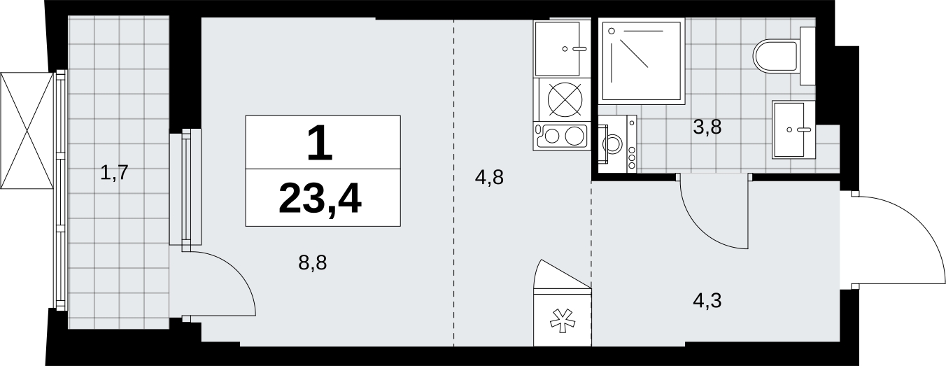 1-комнатная квартира (Студия) с отделкой в ЖК Дзен-кварталы на 8 этаже в 2 секции. Сдача в 3 кв. 2026 г.
