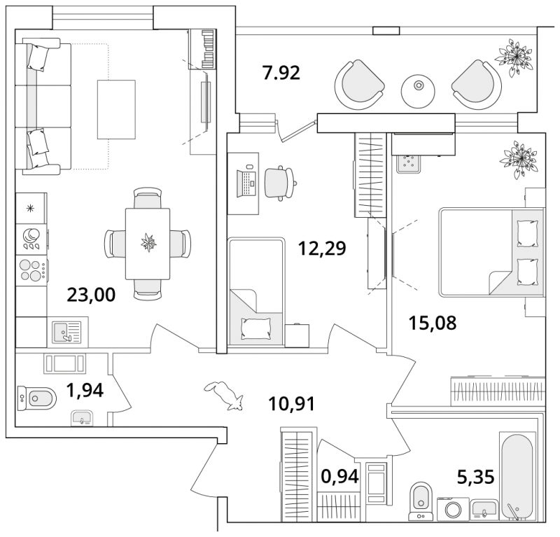 2-комнатная квартира в ЖК Дзен-кварталы на 9 этаже в 6 секции. Сдача в 1 кв. 2026 г.