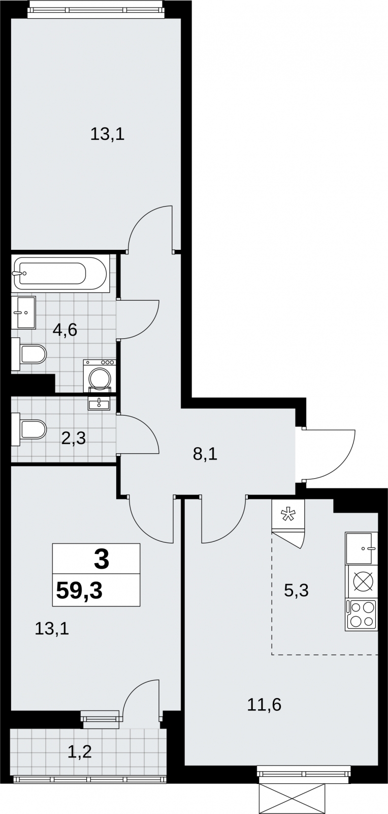 3-комнатная квартира в ЖК Дзен-кварталы на 9 этаже в 2 секции. Сдача в 2 кв. 2026 г.