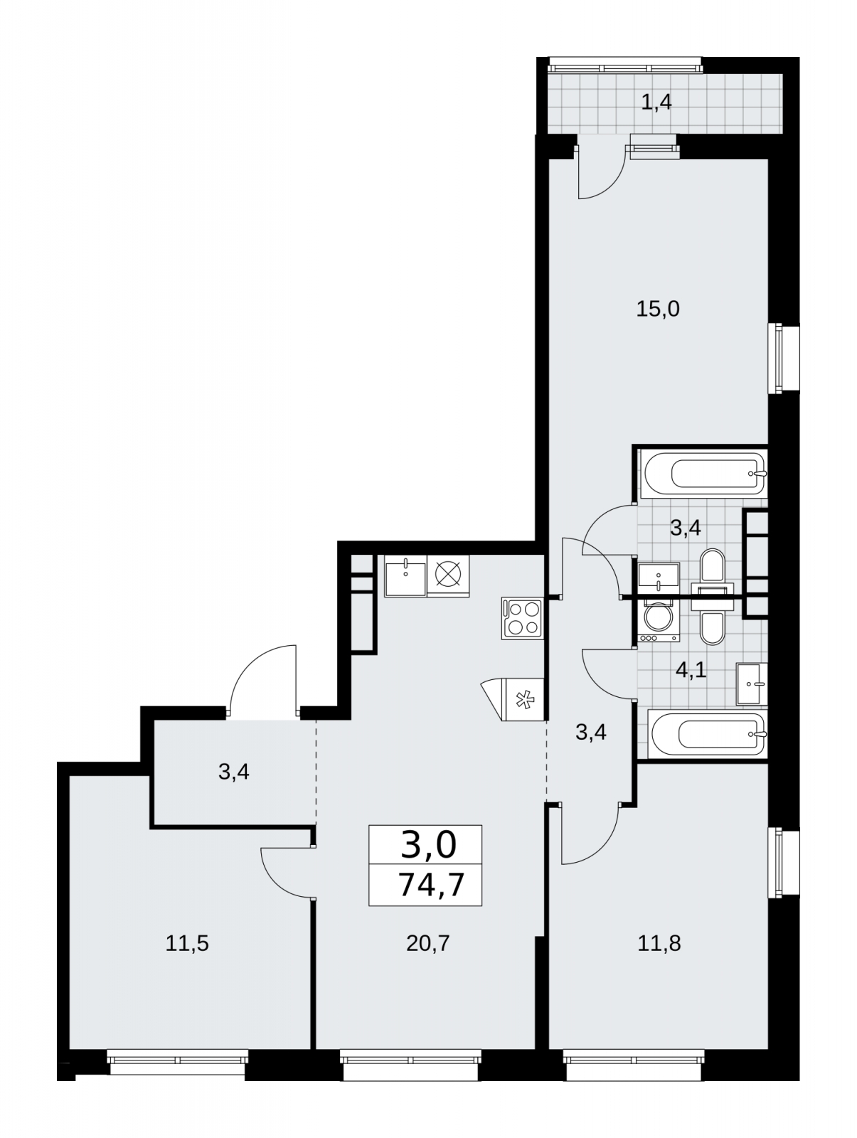 4-комнатная квартира с отделкой в ЖК Victory Park Residences на 2 этаже в 1 секции. Сдача в 4 кв. 2023 г.