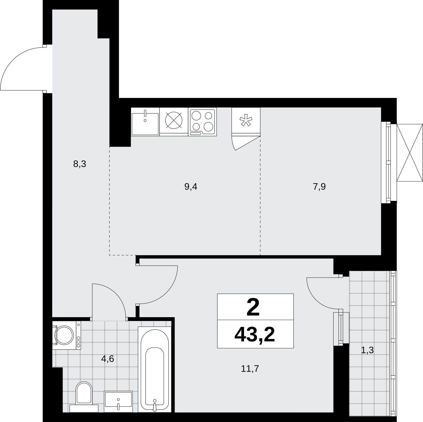 2-комнатная квартира в ЖК Дзен-кварталы на 3 этаже в 3 секции. Сдача в 1 кв. 2026 г.