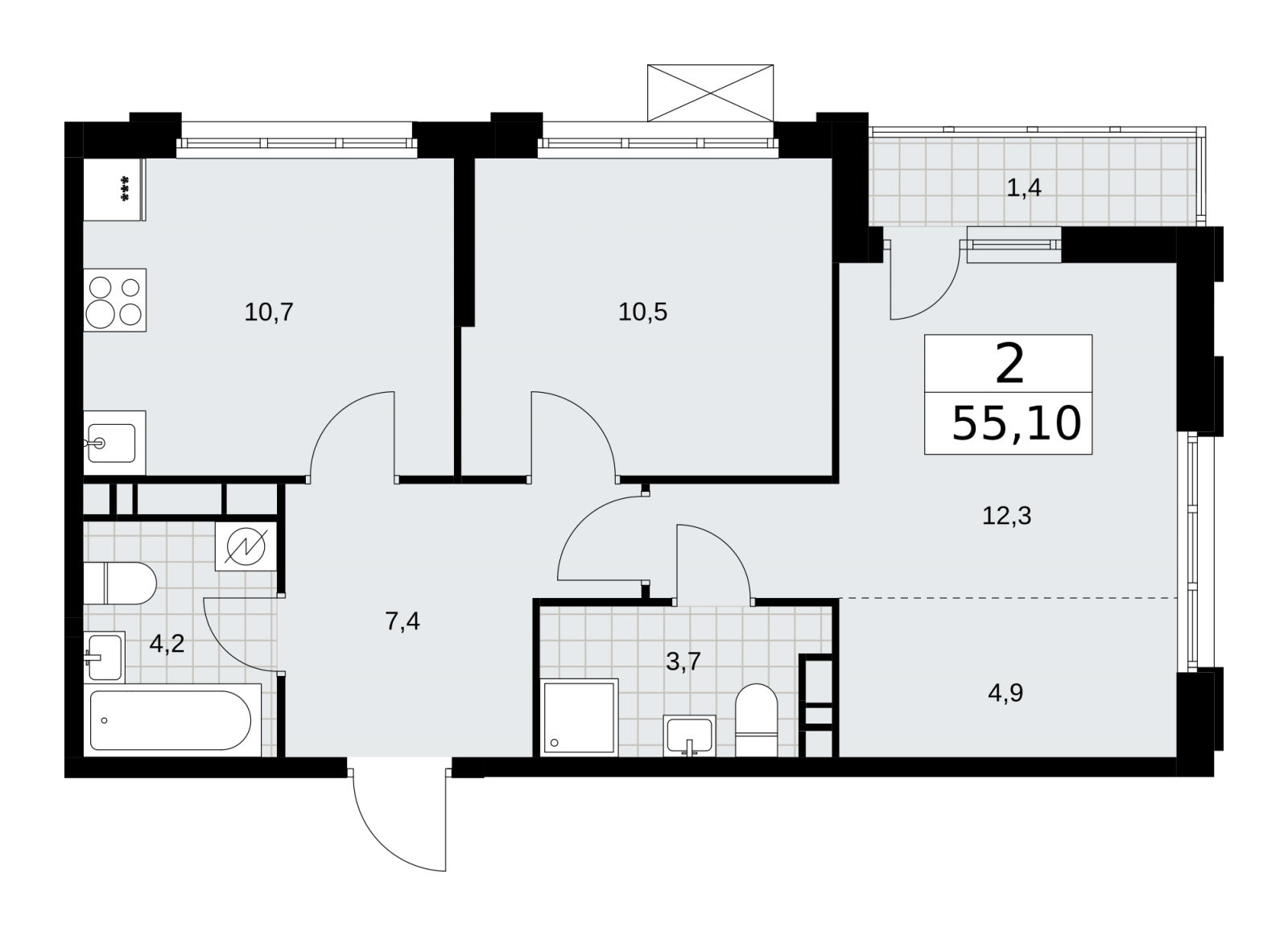 2-комнатная квартира в ЖК Sky Skolkovo на 5 этаже в 2 секции. Дом сдан.